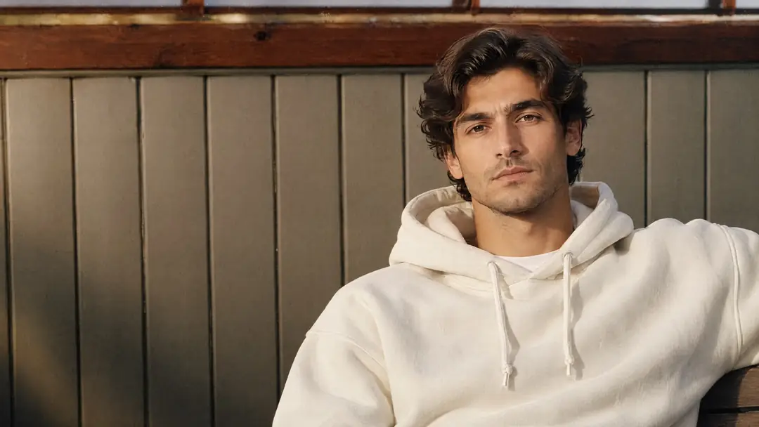Ahşap panel önünde ekru kapüşonlu sweat giyen model