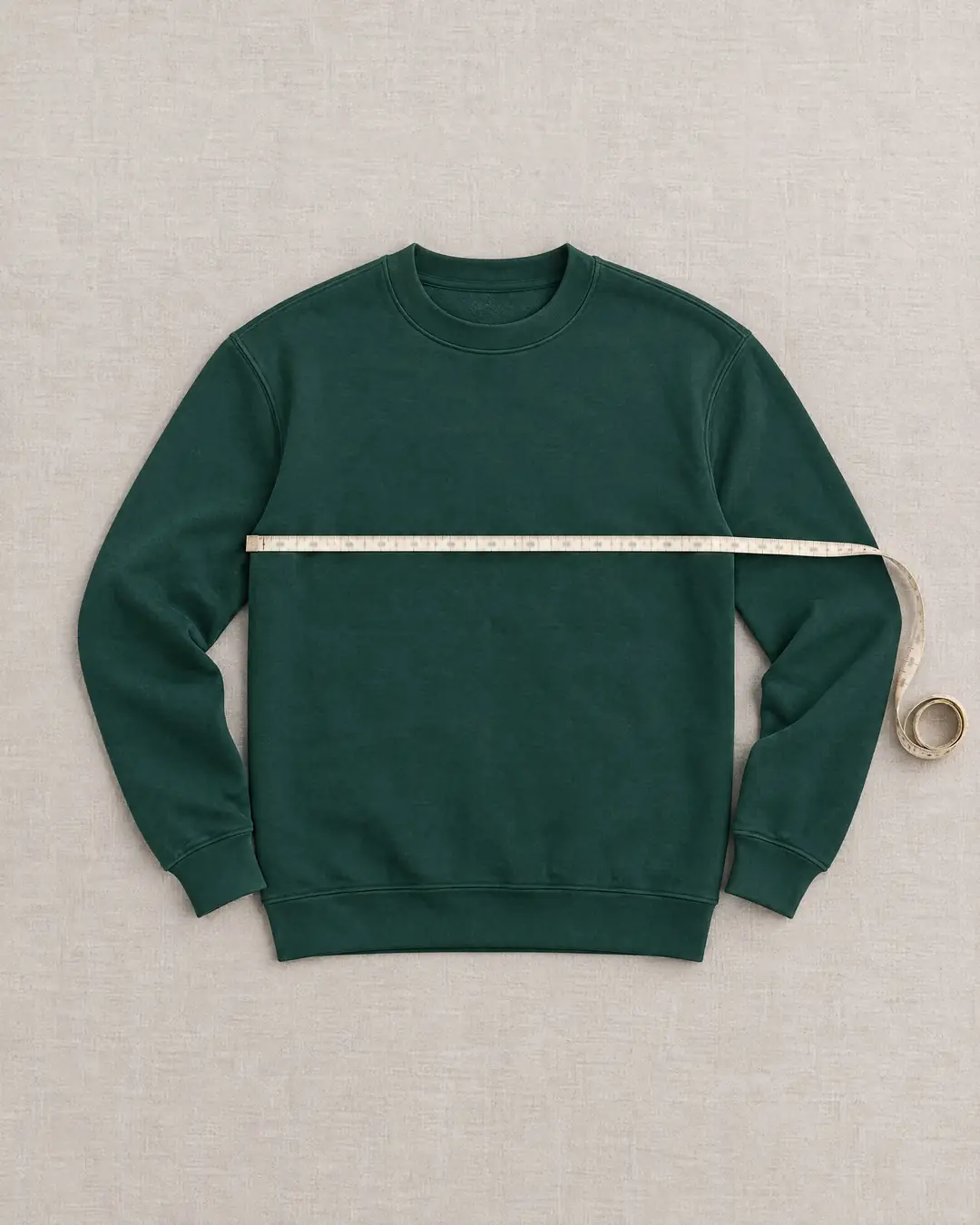 Yeşil sweatshirt üzerinde göğüs ölçüsü alınan terzi mezurası