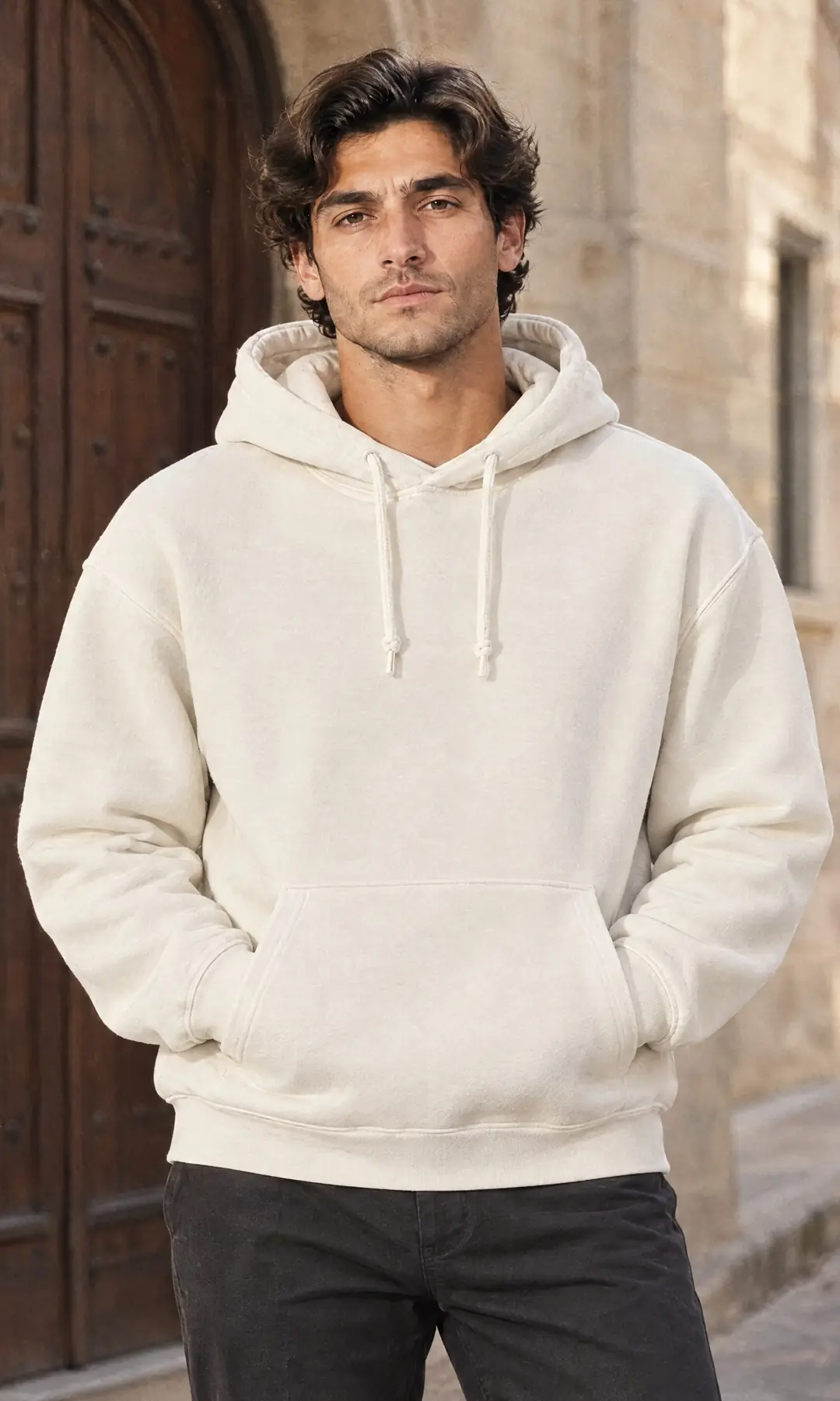 Ahşap kapı önünde ekru kapüşonlu sweat giyen model